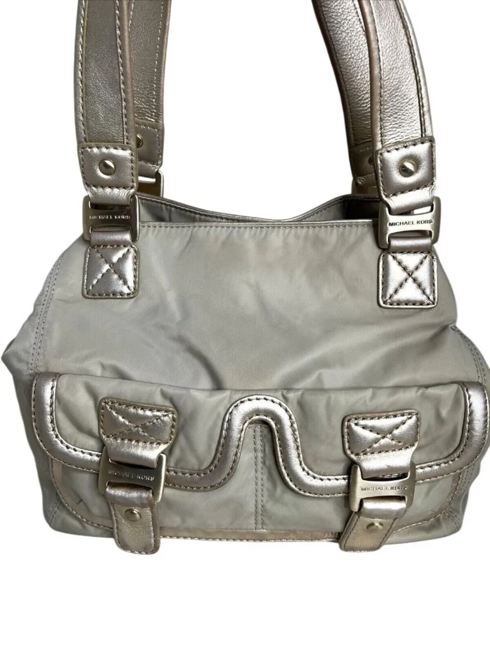 Michael Kors Metallic Beige/Silver Nylon Shoulder Bag With Buckle Detail